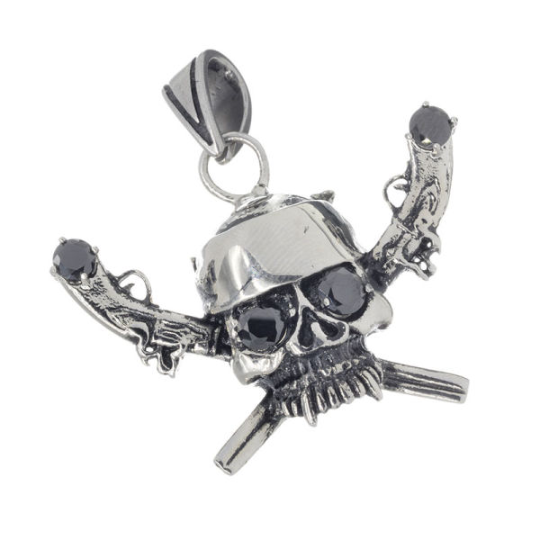 Edelstahlanhänger - Totenkopf mit Steinen 2 schwarze Steine am Revolver