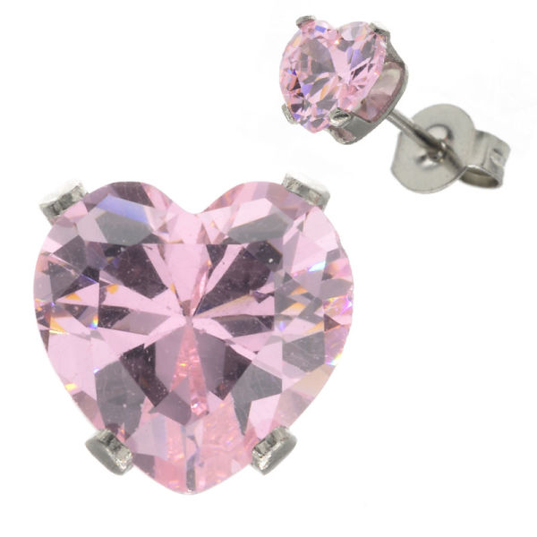 Edelstahlohrstecker Cubikzirkonia - HERZ 6mm - Rosa