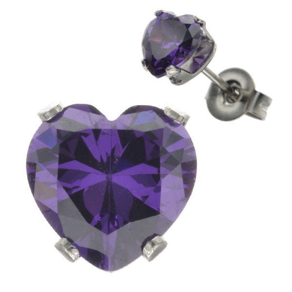Edelstahlohrstecker Cubikzirkonia - HERZ 6mm - Amethyst