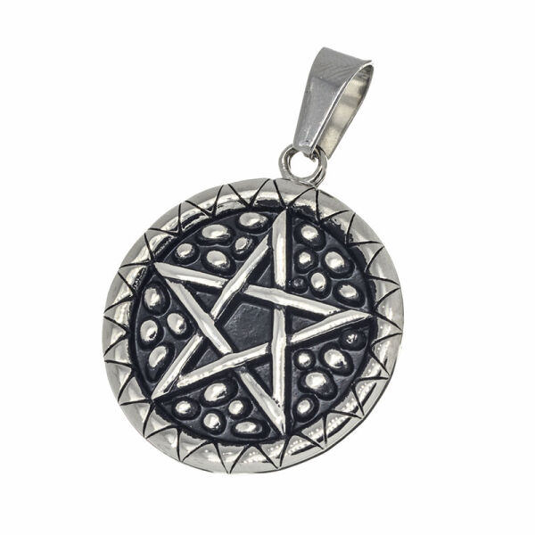 Stainless Steel Pendant – Pentagram with Dotted Relief and Pointed Border