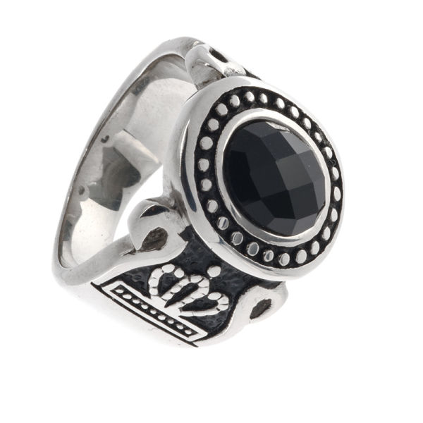 Edelstahlring - mit Schwarzglas Kronen Verzierung 60 (19,1 Ø) 09 US