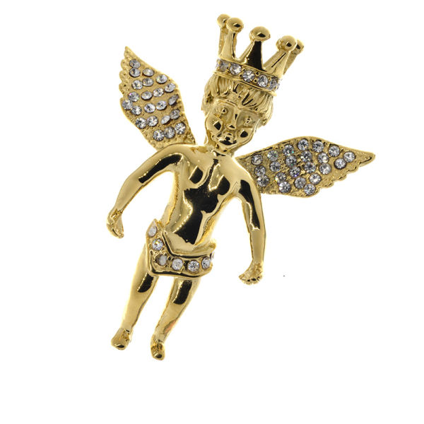 Edelstahlanhänger - Engel mit Steinchen & Krone PVD-Gold