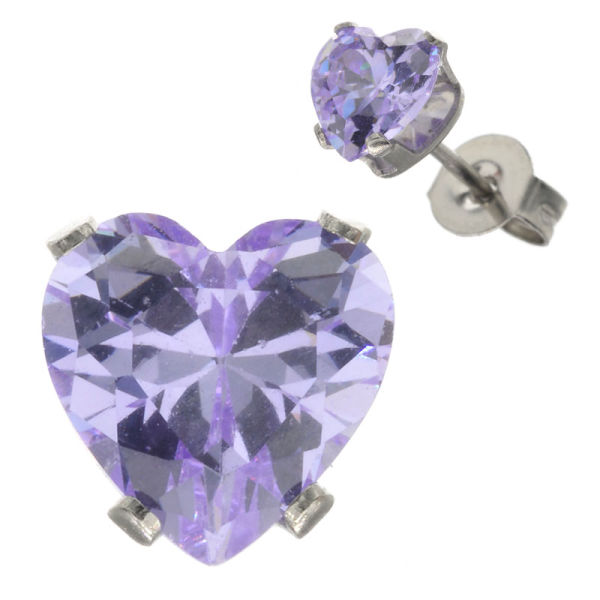 Edelstahlohrstecker Cubikzirkonia - HERZ 8mm - Ligth Amethyst