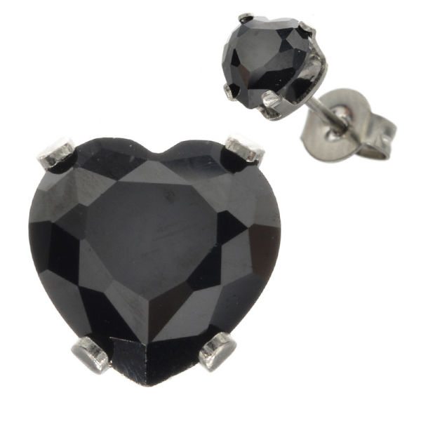 Edelstahlohrstecker Cubikzirkonia - HERZ 8mm - Black