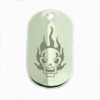 Stainless Steel Pendant - Dogtag Flames Skull / Polished