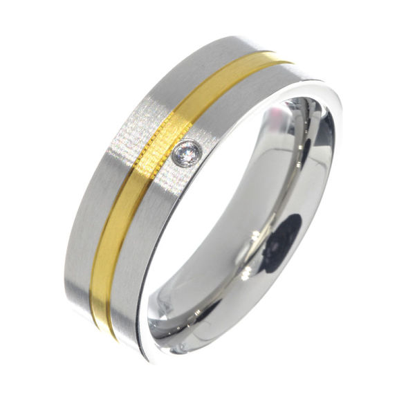 Edelstahlring - Damenring mit goldenem Streifen und 1 Stein 52