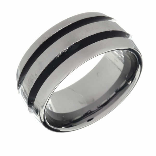 Tungsten Ring with Black Inlays of 2 Stripes - Polished and Cambered Inside, 9 mm 67 (21,6 Ø) 12 US