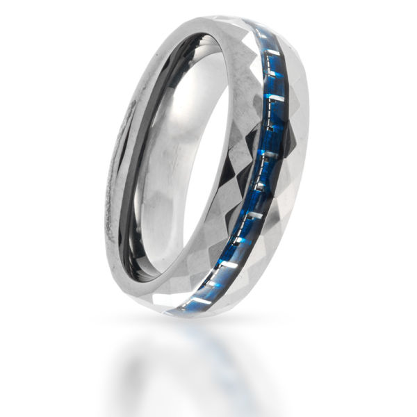 Wolframring mit blau (hell) Carboninlay facettiert 57 (18,1 Ø) 08 US