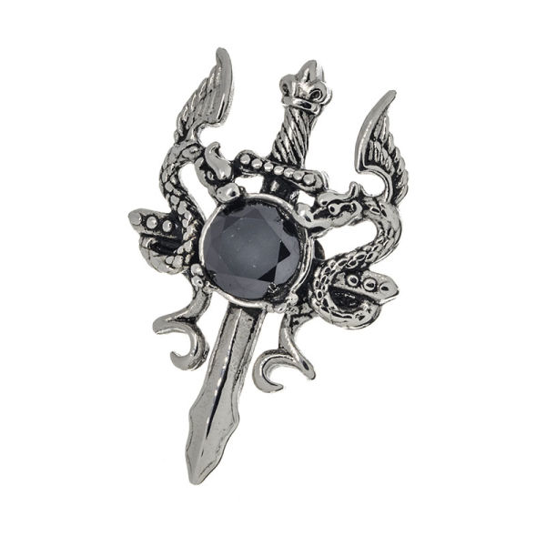 Stainless Steel Pendant - Sword - Winged Dragons - Black Stone