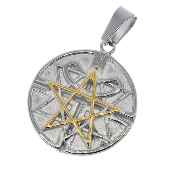 Edelstahlanhänger - Pentagramm auf Sechsstern golden