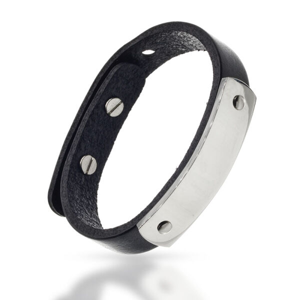 Lederarmband mit Gravurplatte Schwarz