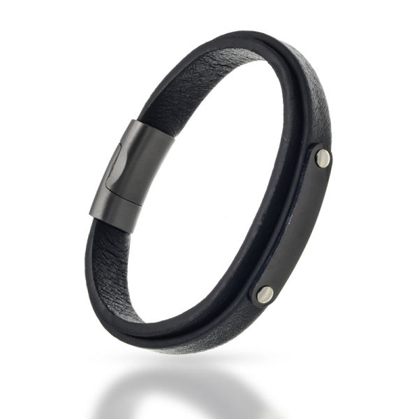 Schwarzes Lederarmband mit schwarzer Edelstahl-Gravurplatte + grauem Edelstahlverschluß