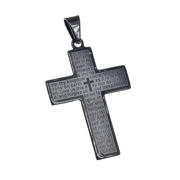Edelstahlanhänger - Lateinisches-Kreuz mit Vater Unser Englisch PVD Schwarz