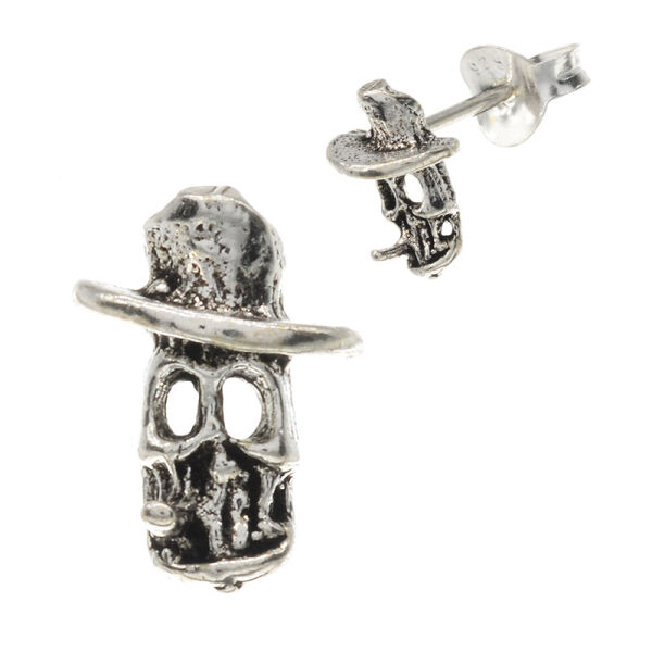 Silberohrstecker - Totenkopf mit Zylinder und Zigarette