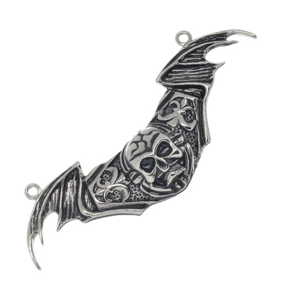 Stainless Steel Pendant – Wide Bat with Skull Relief