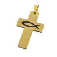 Edelstahlanhänger - Kreuz  mit Ichthys "Numar" PVD-Gold