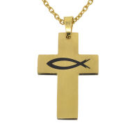 Edelstahlanhänger - Kreuz  mit Ichthys "Numar" PVD-Gold