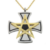 Stainless steel pendant - Iron cross with pentagram Bicolor (Stahl/PVD-Gold)