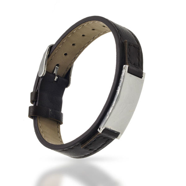 Braunes Lederarmband mit Gravurplatte aus Edelstahl 21 cm