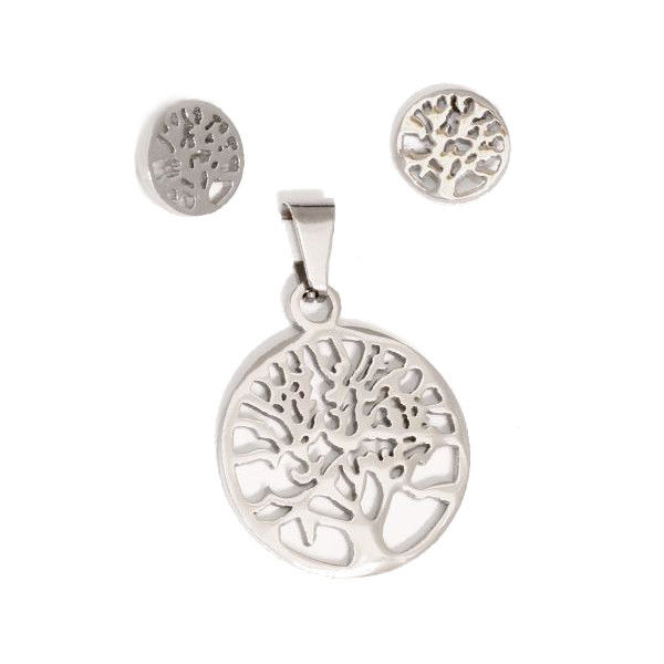 Stainless Steel Set - "Tree of Life" Pendant and Stud Earrings