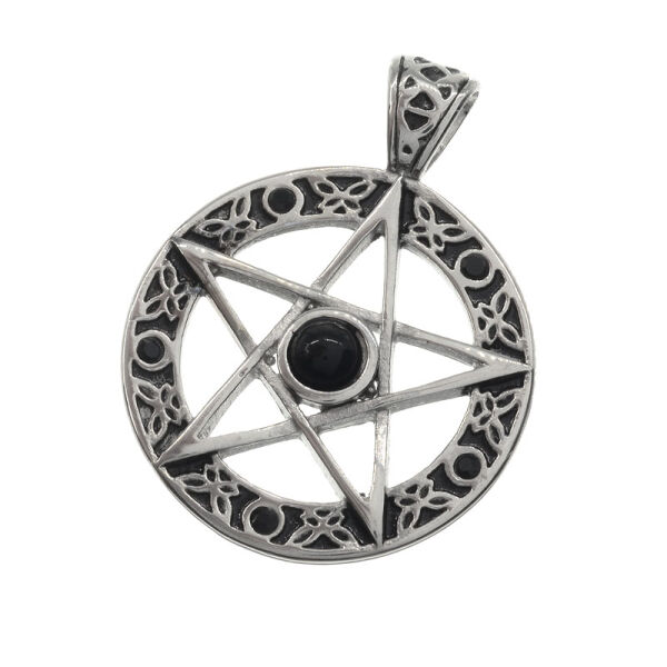 Edelstahlanhgänger Pentagramm mit Glassteinen Schwarzer Stein