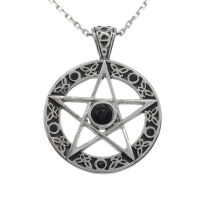 Edelstahlanhgänger Pentagramm mit Glassteinen Schwarzer Stein