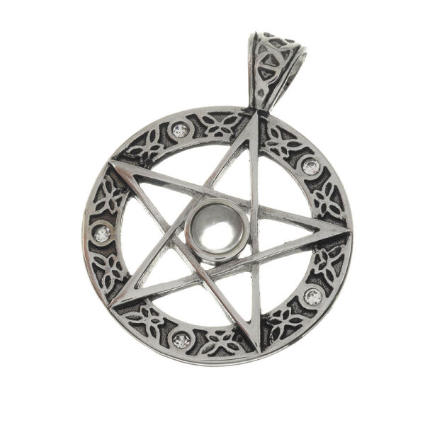 Stainless steel pendant pentagram with glass stones White Stone