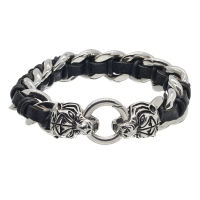 Stainless steel leather bracelet with tiger head
