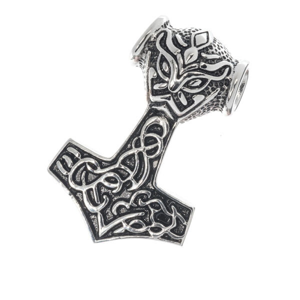 Stainless Steel Pendant – Thor’s Hammer with Mask Head and Knotted Bands, Large