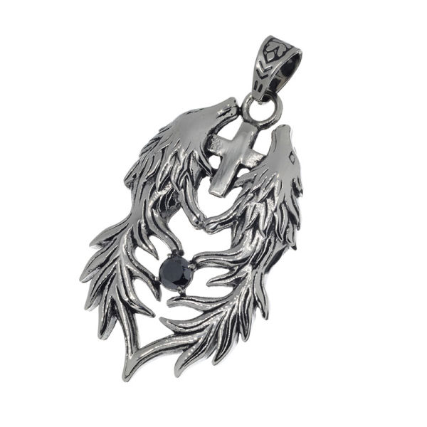 Stainless steel pendant - wolves with cross and black stone