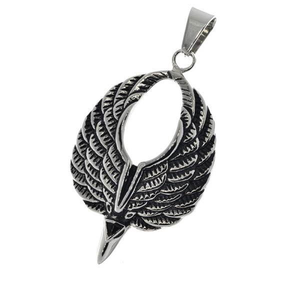 Stainless Steel Pendant – Open Pair of Wings with Feather Relief