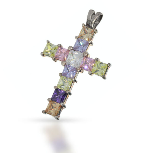 925 Sterling Silberanhänger - Kreuz mit Cubik Zirkonia Bunt "Georgios"