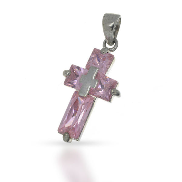 925 Sterling Silberanhänger - Kreuz mit Cubic Zirkonia Rosa "Stan"