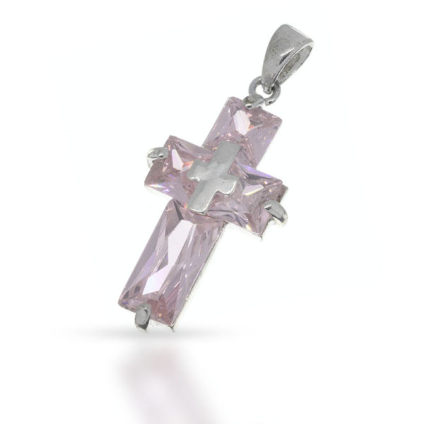 925 Sterling Silberanhänger - Kreuz mit Cubic Zirkonia Rosa "Alexis"