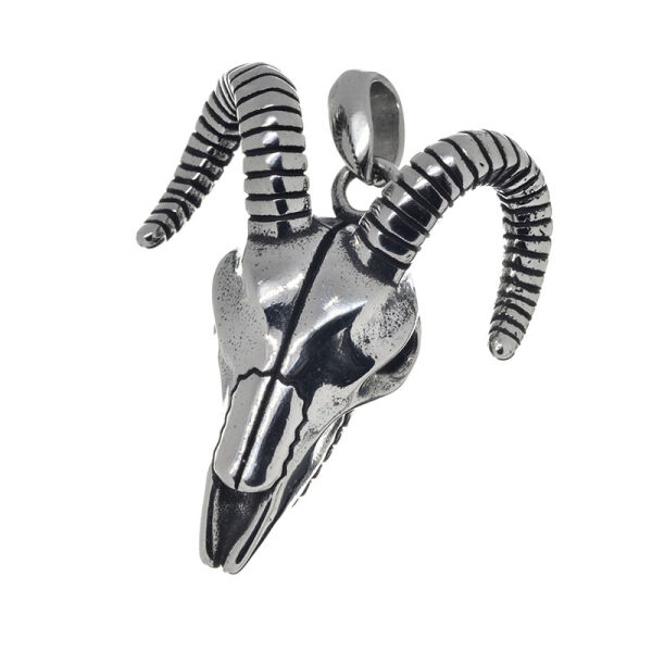 Stainless Steel Pendant – Ram Skull with Long Curved Horns