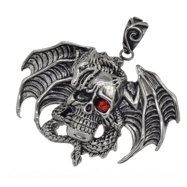 Stainless Steel Pendant – Dragon above Skull with Broad Wings