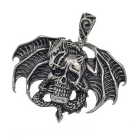 Stainless Steel Pendant – Dragon above Skull with Broad Wings