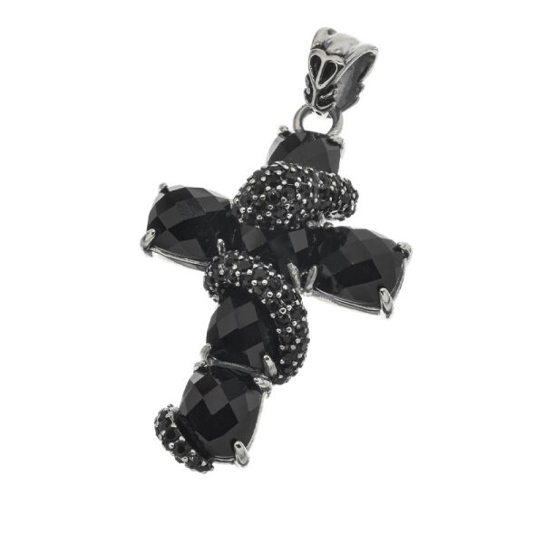Stainless Steel Pendant - Cross & Snake with Black Stones