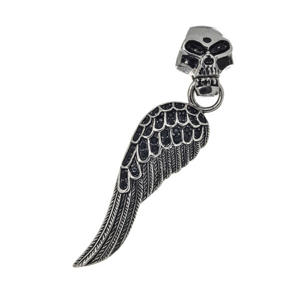 Stainless Steel Pendant – Wing with Skull and Black Stones – black decorative stones