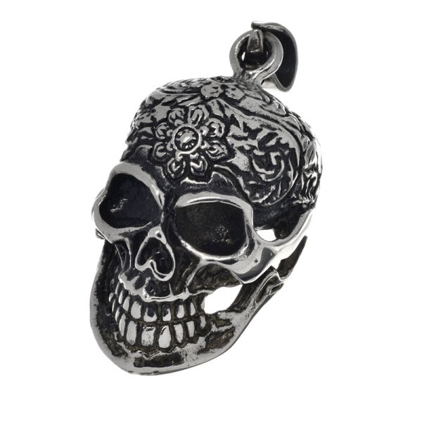 Stainless steel pendant - skull with flower