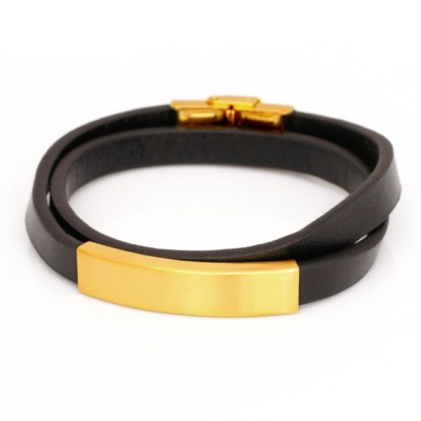 Lederarmband mit Edelstahlverschluss und Gravurplatte gold