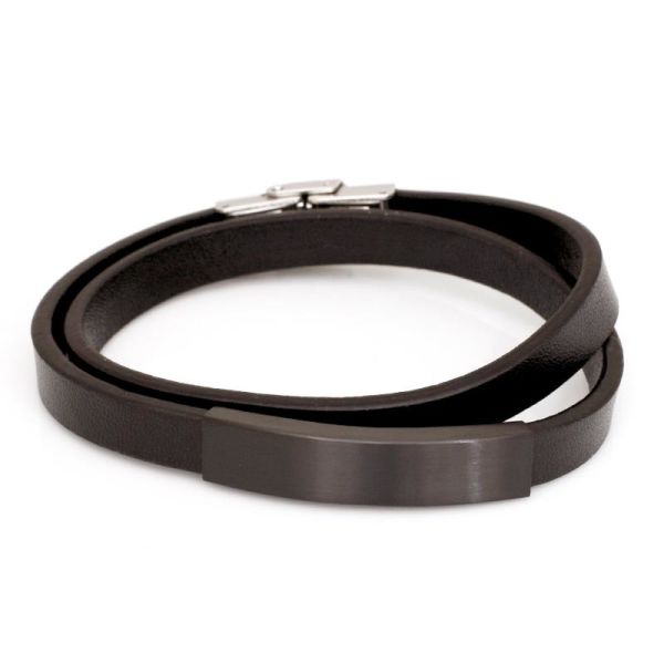 Lederarmband mit Edelstahlverschluss und Gravurplatte schwarz