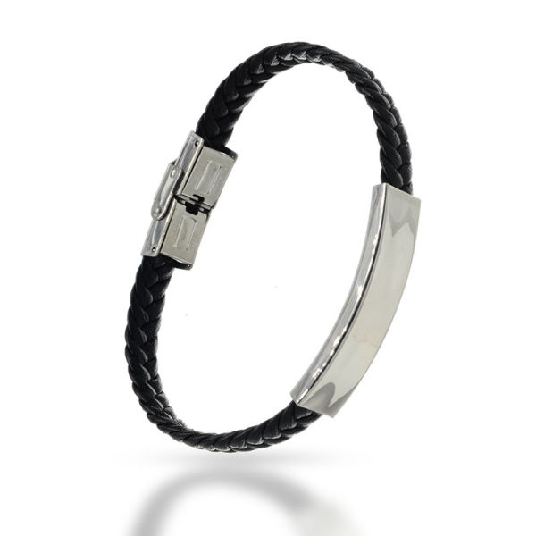 Lederarmband geflochten mit Edelstahlverschluss und Gravurplatte