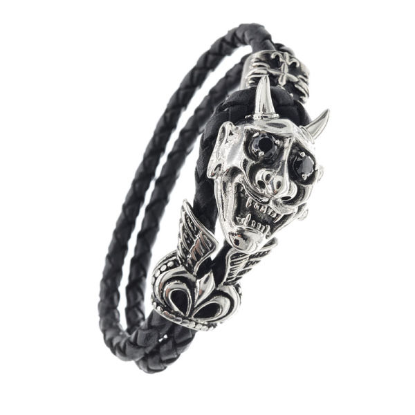 Lederarmband  mit Edelstahl - Teufelkopf Schwarz