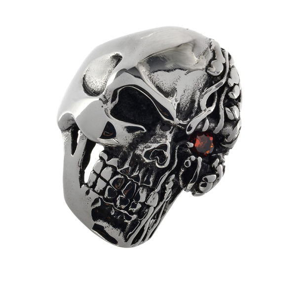 Edelstahlring/Totenkopf "Two-Face"/roter Glasstein 08