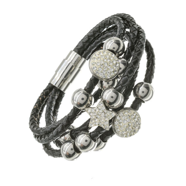 Lederarmband mit Edelstahl- Kugeln und Glitzersteine 1- Braun