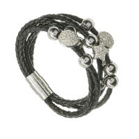 Lederarmband mit Edelstahl- Kugeln und Glitzersteine 1- Braun