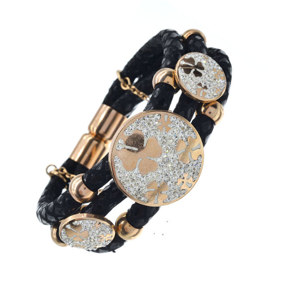 Lederarmband mit Edelstahl und Steinchen - Weiß