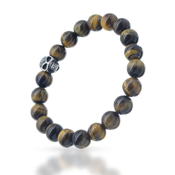 Kugelarmband mit Gummizug und Edelstahl Totenkopf Tigerauge