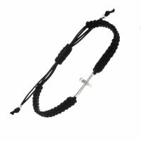 Cloth Bracelet with Silver Pendant - Cross (size adjustable) - 4 mm - With Silver Pearls